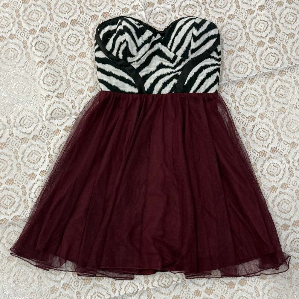 Y2k Zebra Bustier Tulle Strapless Mini Dress Festival Party Hoco Whimsy XS 2